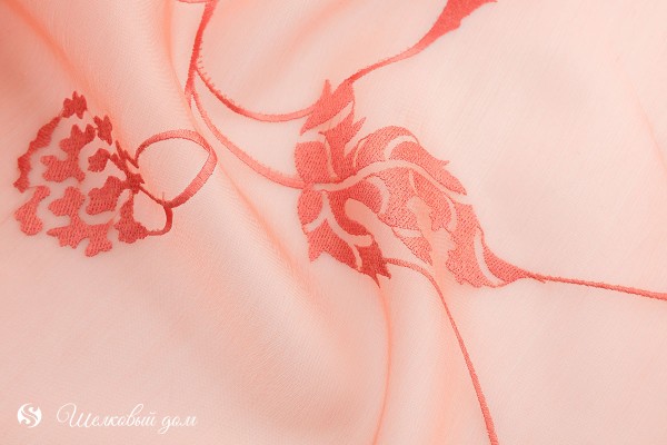Розово-оранжевая шелковая органза с вышивкой